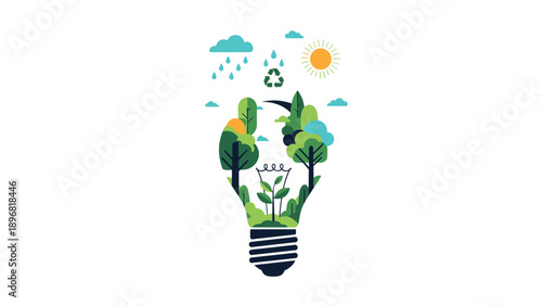Green energy concept illustrated by lightbulb containing lush forest with solar, water, and recycling symbols above.