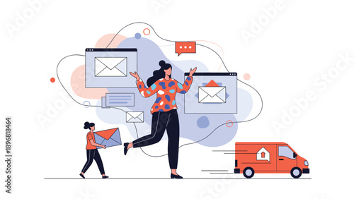 Cheerful woman celebrates efficient communication and logistics with flying envelopes and fast delivery vehicle.