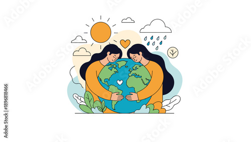 Compassionate women embrace planet earth with love to promote global peace, environmental protection, and unity.