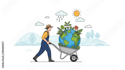 Dedicated environmentalist pushes wheelbarrow carrying planet earth lush with greenery toward sustainable future.