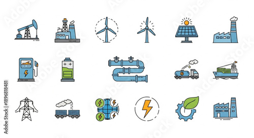 Collection of Industrial and Energy Icons Representing Power Generation and Industry.