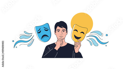 Young man contemplates his complex emotions while holding cheerful mask with sad theatrical mask floating in background.