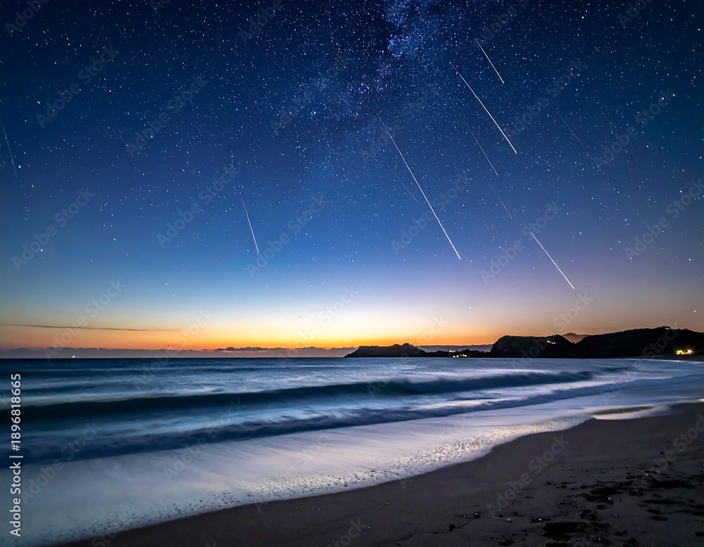 Obraz premium A serene beach scene at dusk with stars and shooting stars