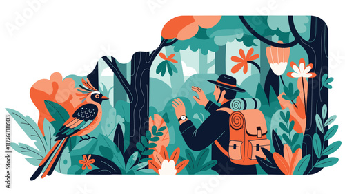 Adventurous hiker with backpack discovers exotic bird while trekking through lush tropical forest wilderness during day.