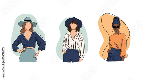 Three stylish women showcase diverse fashion trends featuring elegant hats, chic colorful outfits, and modern accessories.