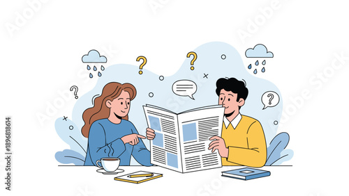 Curious couple analyzes news reports together while contemplating world events and seeking answers to complex questions.