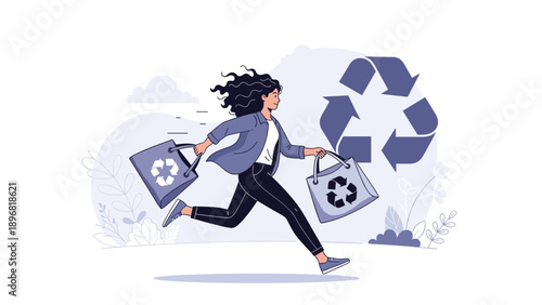 Environmentally conscious shopper runs with reusable recycling bags to promote sustainable living and eco-friendly habits.