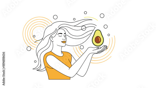 Beautiful woman presents fresh avocado half while celebrating healthy nutrition and various natural skincare benefits.