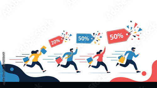 Diverse shoppers in flat illustration style running towards seasonal sales and big discount offers with shopping bags in hands.