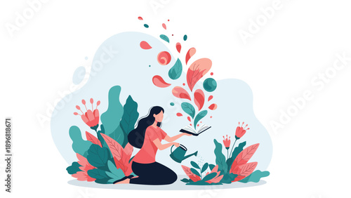 Young woman kneeling in a garden watering an open book with a can as vibrant flowers and plants grow from its pages in flat design.
