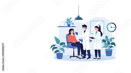 Professional dentist in a white coat examining a patient sitting in a dental chair with an assistant taking notes in a clinic.