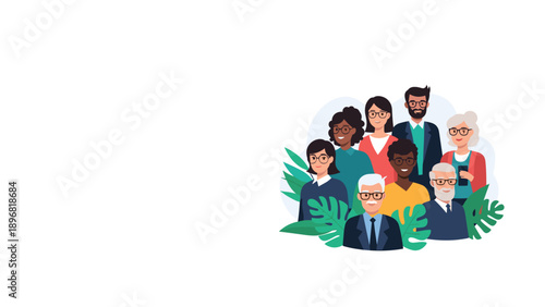 Group of diverse people wearing glasses looking forward surrounded by green tropical leaves representing community and team unity.