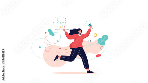 Excited woman running forward with confetti and streamers celebrating a big win or success in a vibrant flat illustration design.