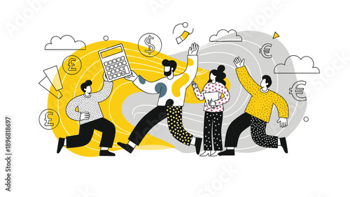 Dynamic team of professionals running together with a giant calculator and currency symbols symbolizing financial success and growth.