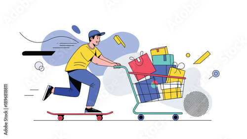 Energetic person riding a skateboard while pushing a shopping cart overflowing with colorful gift boxes and packages in flat style.