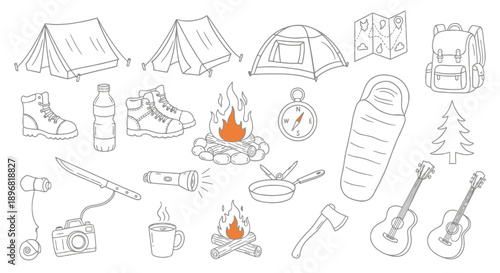 Collection of hand-drawn camping and outdoor adventure equipment.