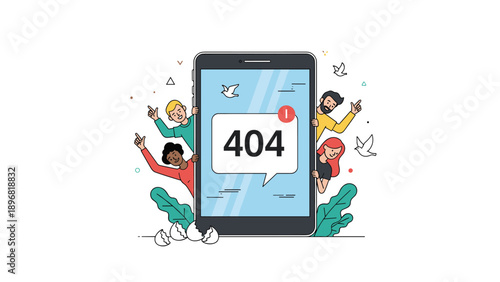Diverse group of people peeking from behind a giant tablet displaying a 404 page not found error message in flat illustration.