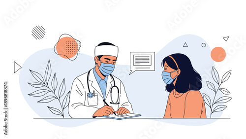 Doctor wearing a face mask and white coat writing a prescription for a female patient also wearing a mask in a clinic setting.