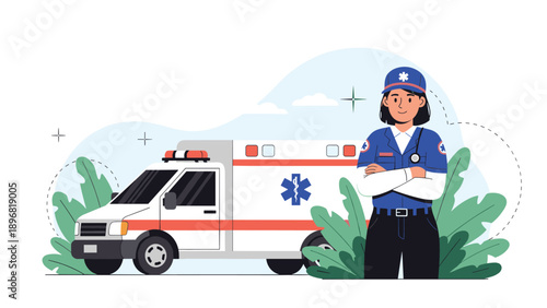 Dedicated female paramedic in a blue uniform stands with her arms crossed confidently in front of a white emergency ambulance.