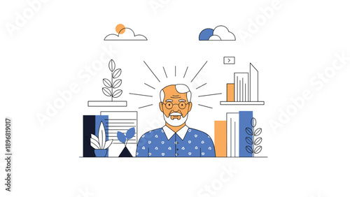 Inspired senior man with a white beard and glasses feels enlightened while surrounded by books, plants, and glowing light lines.