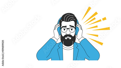 Surprised man with a beard and glasses wearing blue headphones reacts to loud sounds represented by yellow graphic sound waves.