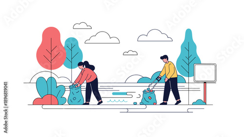 Concerned volunteers work together to pick up litter and trash in a public park to help protect the natural environment.