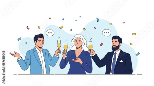 Group of happy colleagues in formal suits celebrate a victory by toasting with champagne glasses amidst falling colorful confetti.