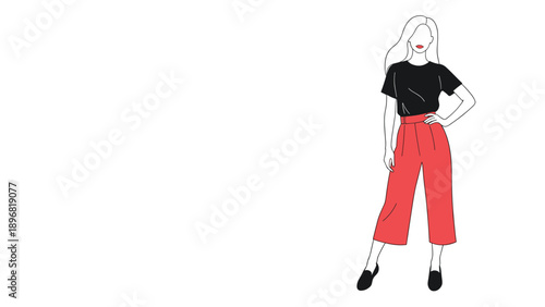 Fashionable young woman with blonde hair wearing a black t-shirt and red wide-leg trousers poses against a plain background.