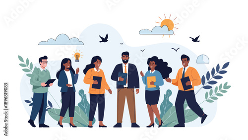 Professional business team of diverse men and women stand together confidently while holding tablets and folders in an office.