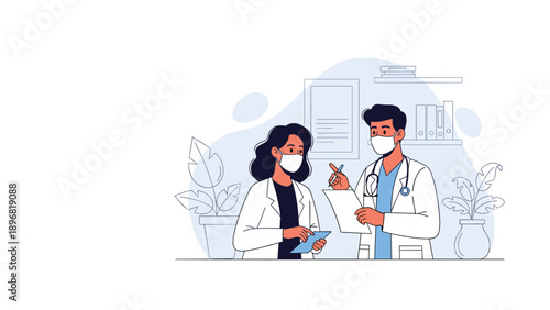 Two healthcare professionals wearing lab coats and face masks discuss patient information while holding a medical clipboard.