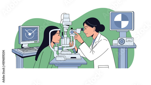 Female eye doctor in a white lab coat uses a professional slit lamp to examine a young patient eyes in an ophthalmology clinic.