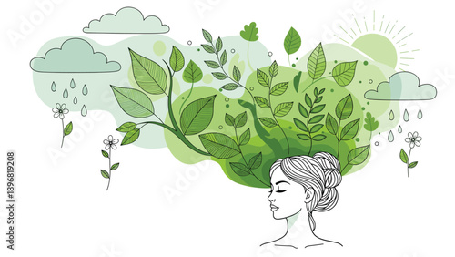 Artistic illustration of a woman with green leaves and plants as hair representing a deep connection with nature and weather.