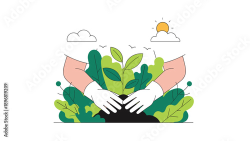Close-up illustration shows hands wearing white gloves planting a young green seedling into dark soil on a sunny day outdoors.