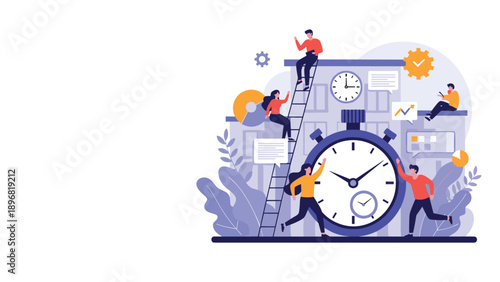 Group of business people work together on a giant stopwatch to manage their time efficiently and reach company growth goals.