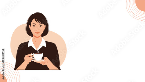 Beautiful woman with short dark hair holds a warm cup of coffee while smiling gently against a minimalist abstract background.