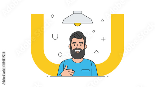Bearded man in a blue shirt stands between large yellow curves with an overhead lamp and geometric shapes in a minimalist vector illustration style.