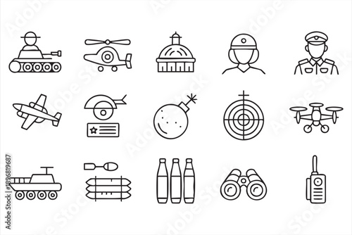 Military Equipment and Army Symbols Line Icons