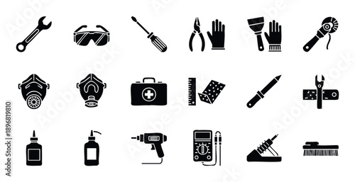 Black silhouette icons of essential hand tools, power tools, and personal protective equipment for construction, repair, and home improvement projects