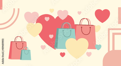 Modern valentine love couple flat vector illustration with heart and bags on pastel background for february celebration greeting