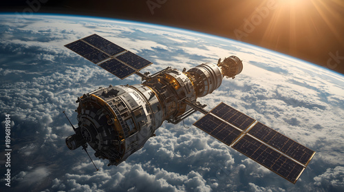 A spacecraft or satellite orbits Earth, equipped with solar panels and a detailed exterior, surrounded by clouds and sunlight.