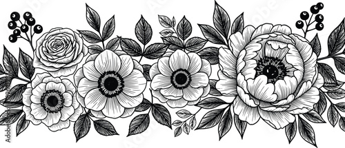 described features a decorative floral border rendered in black and white, showcasing a variety of flowers, leaves, and berries
