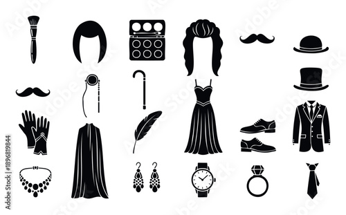 Elegant formal attire and classic vintage accessories for men and women, perfect for event planning, theatrical costumes, and historical themed branding icons.