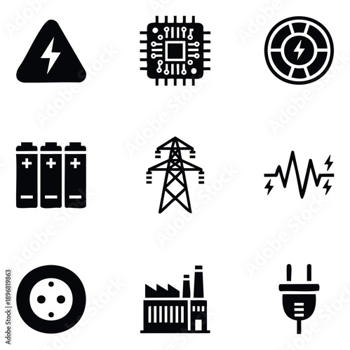 Comprehensive collection of electrical power symbols, energy generation icons, and electricity warning signs suitable for industrial technology, renewable power, and electronic engineering
