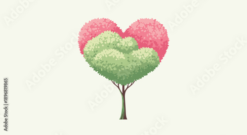 Modern couple celebrating valentine love with heart-shaped tree in flat vector illustration on simple pastel background