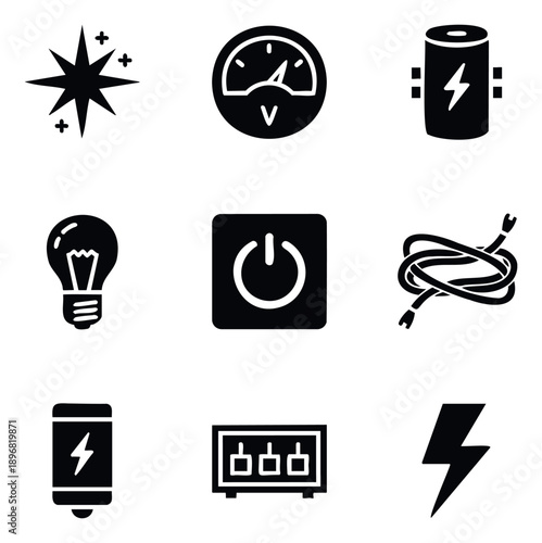 Versatile collection of electricity and power icons representing energy sources, measurement, and control for electrical engineering and utility applications