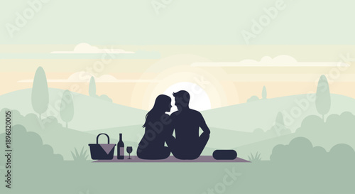Romantic couple sharing affection on a modern valentine's day celebration with a clean simple flat vector illustration