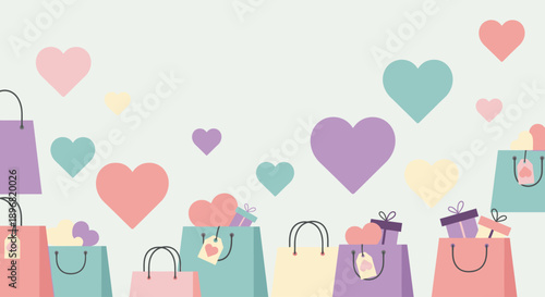 Modern valentine love couple celebration with heart shopping bags in flat vector illustration style for february romance greeting