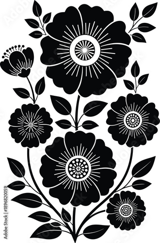  described is a black and white silhouette of a floral arrangement characterized by its bold and graphic design