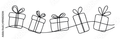 Continuous line drawing of several gift boxes with bows, forming a festive border or a decorative graphic for holiday greetings and event promotions.