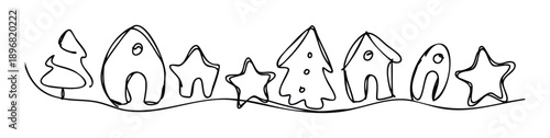 Simple hand drawn continuous line art featuring charming Christmas trees, cozy houses, and festive stars perfect for holiday decorations, greeting items, and seasonal web graphics.